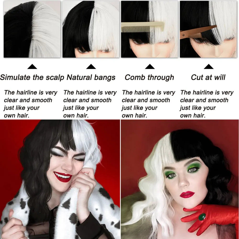 Black and White Two-Tone Synthetic Wig for Cosplay and Party