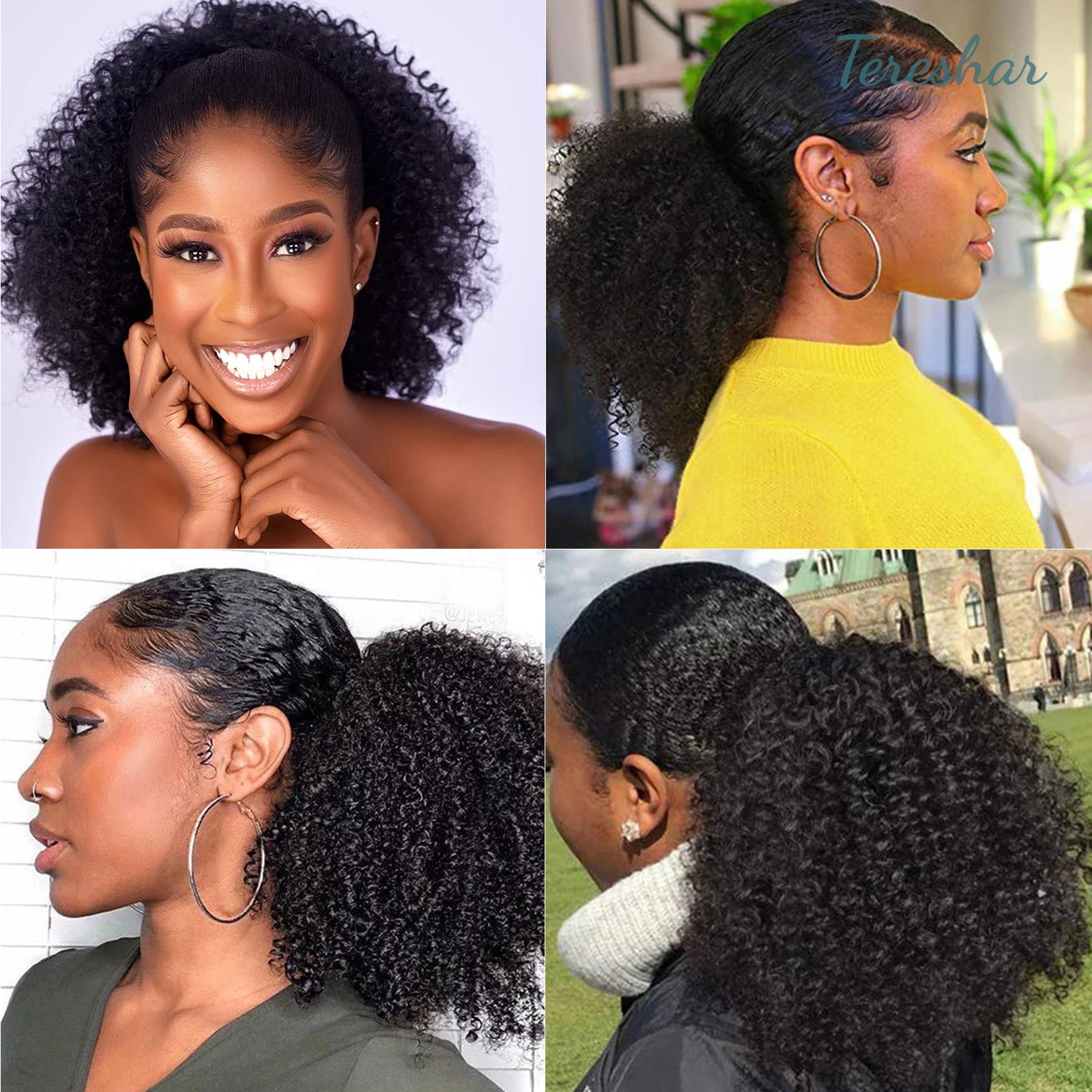 Short Kinky Curly Afro Ponytail Extension with Drawstring and Clips - 5