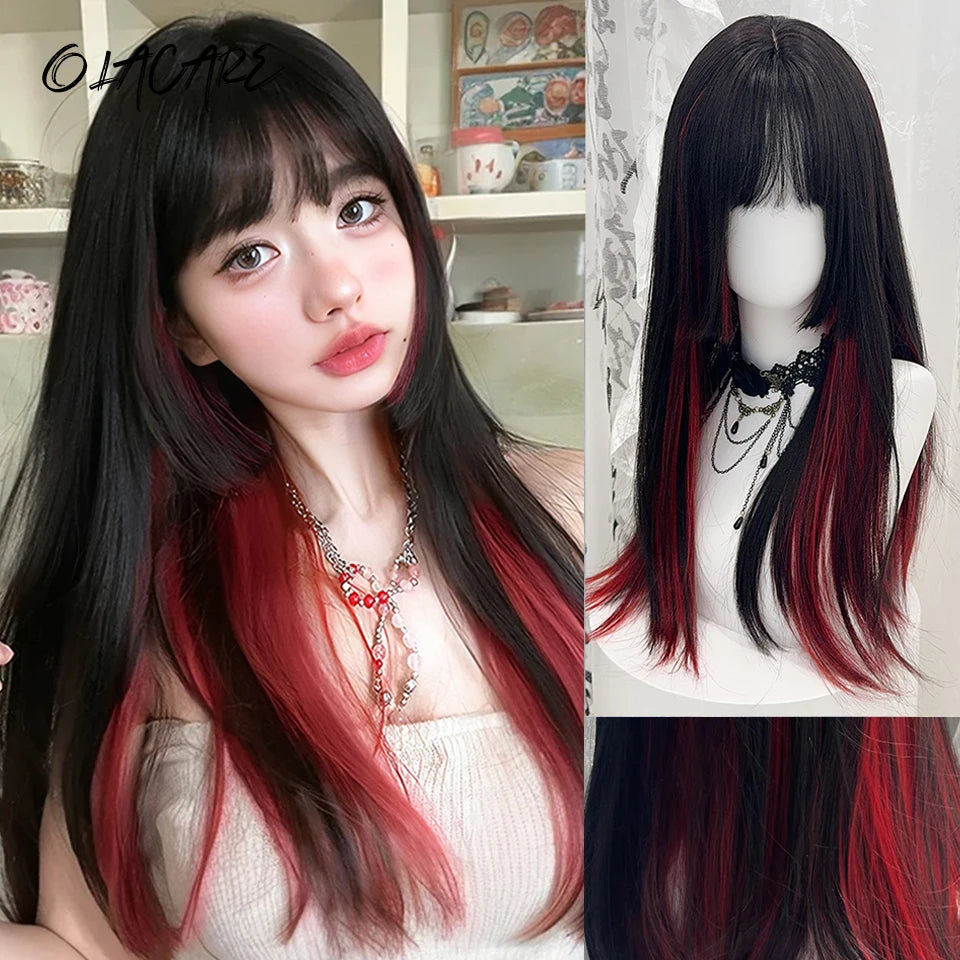 Long Wavy Ginger Synthetic Wig with Bangs - 14