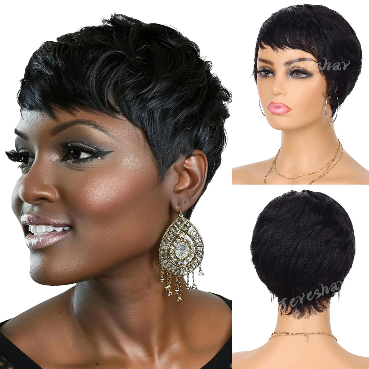 Short Layered Pixie Cut Wavy Synthetic Wig for Daily Wear