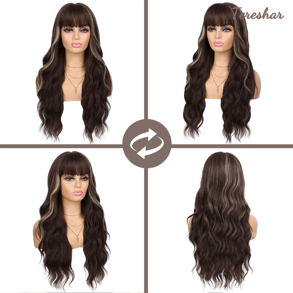 Long Wavy Synthetic Wig with Bangs for Daily Use and Parties