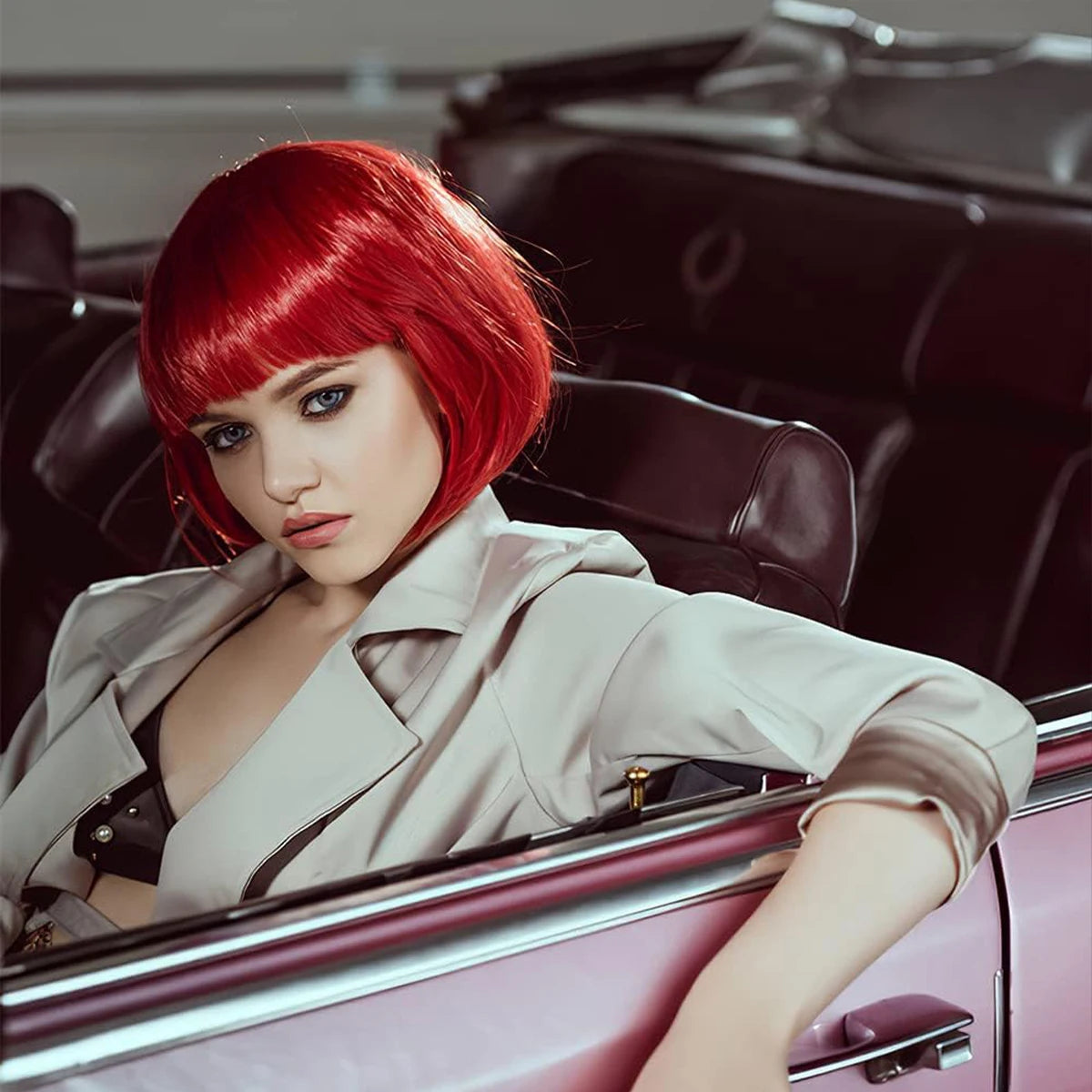 Short Straight Red Bob Wig with Bangs for Daily Wear - 1