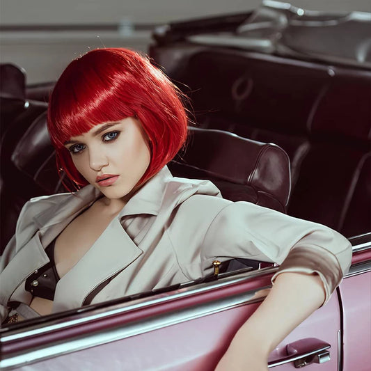 Short Straight Red Bob Wig with Bangs for Daily Wear