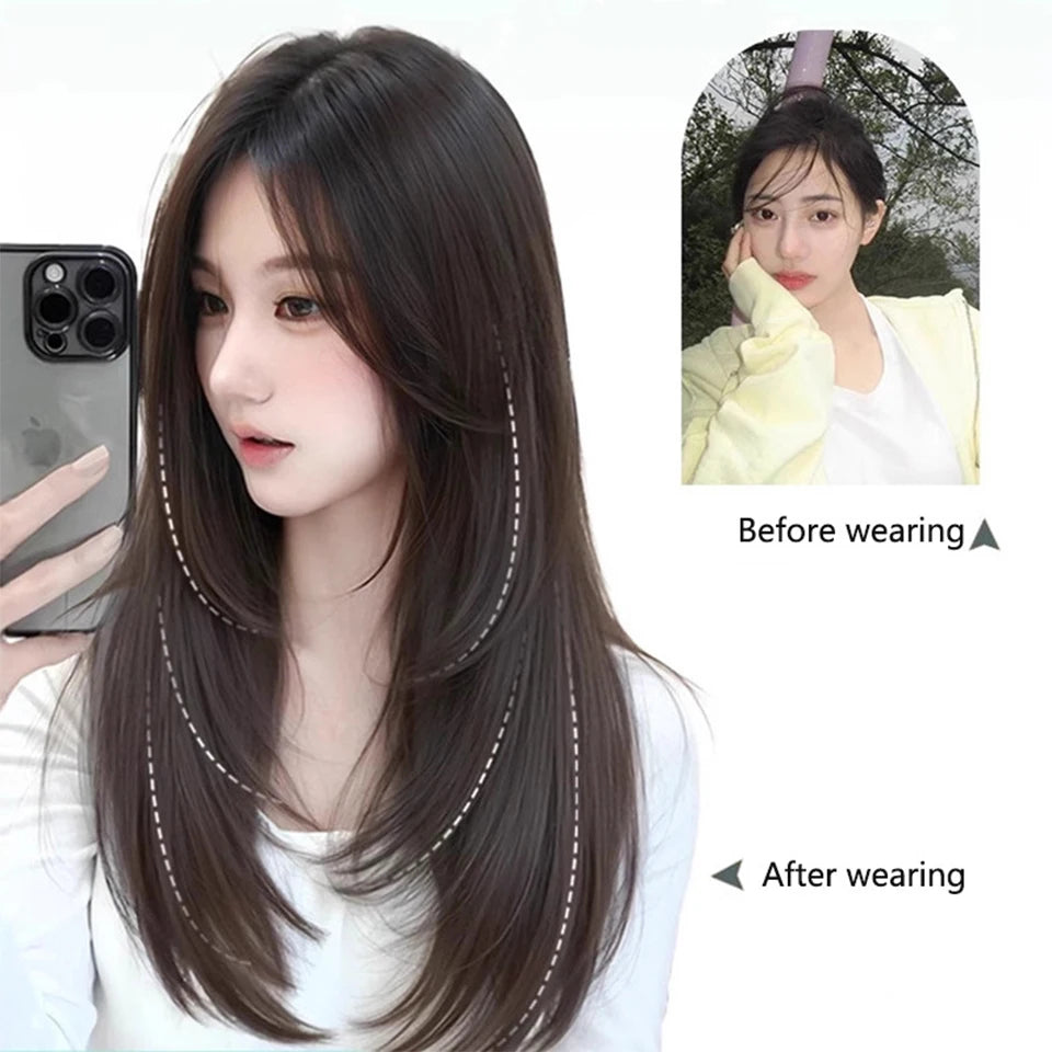 One-Piece Straight Layered Hair Extension with Clips for Women - 2