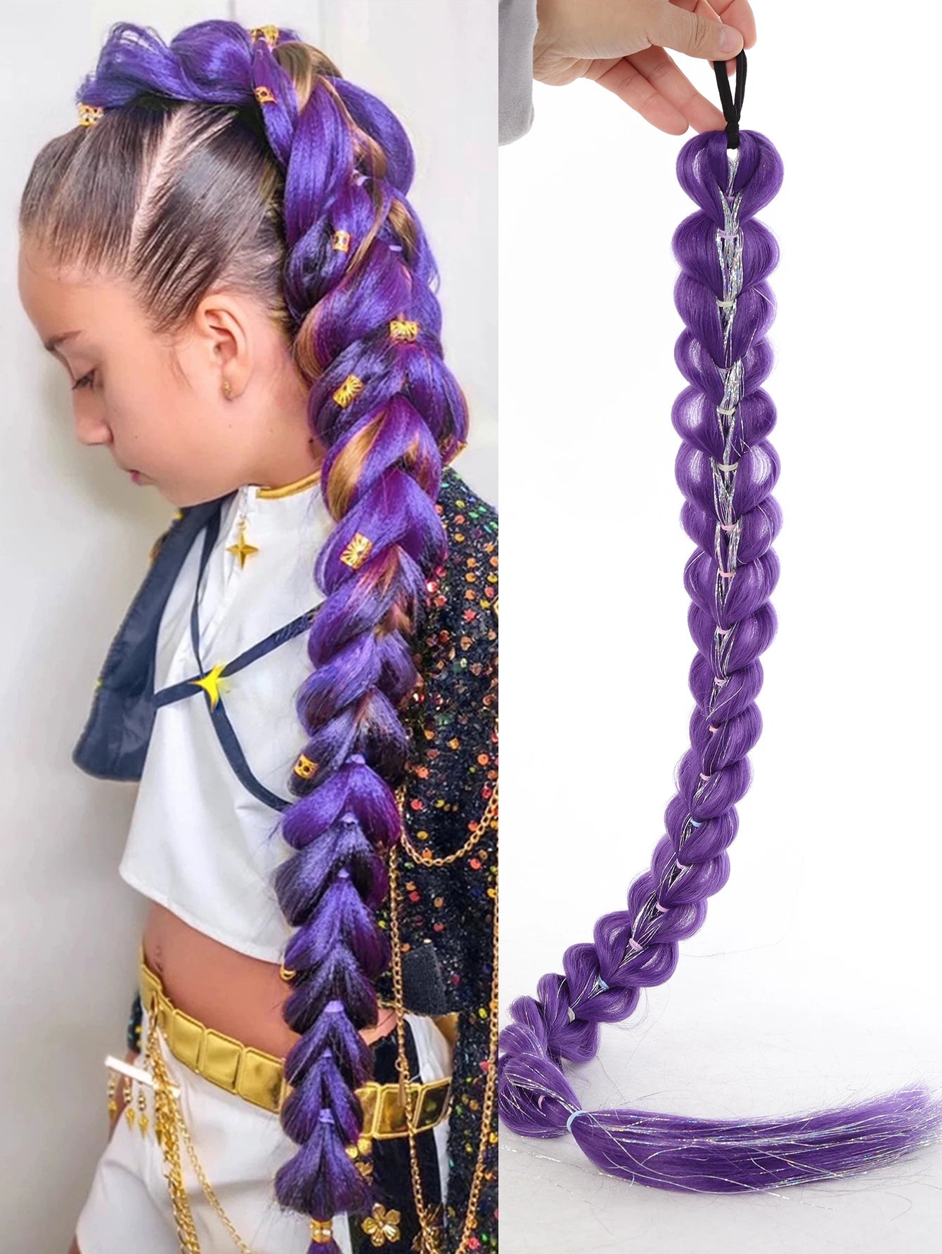 32-Inch Braided Purple Ponytail Extension with Shimmering Tinsel - 7