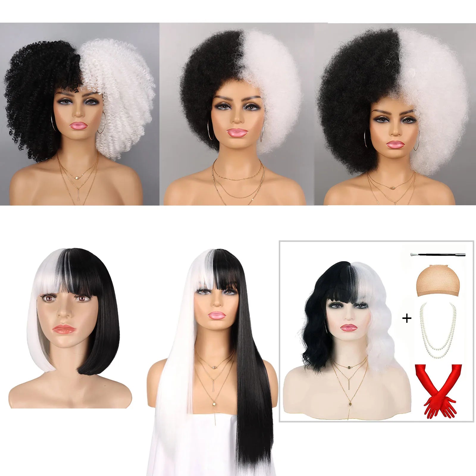 Black and White Two-Tone Synthetic Wig for Cosplay and Party - 7