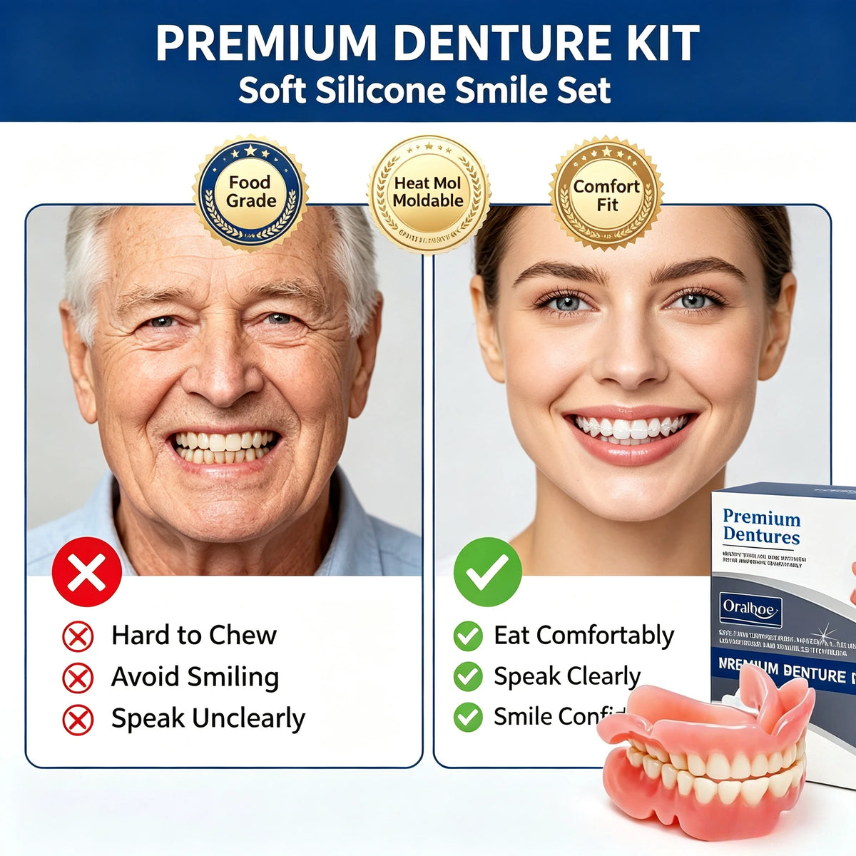 Comfortable Silicone Snap-On Denture Set for a Natural Realistic Smile