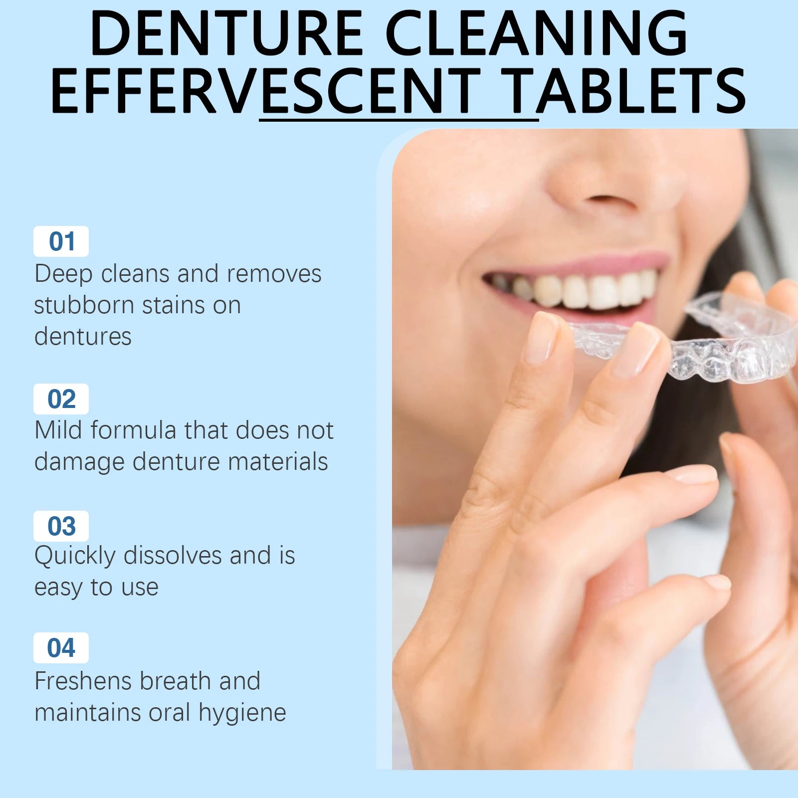 Effervescent Denture Cleaning Tablets for Stain Removal and Fresh Breath - 10