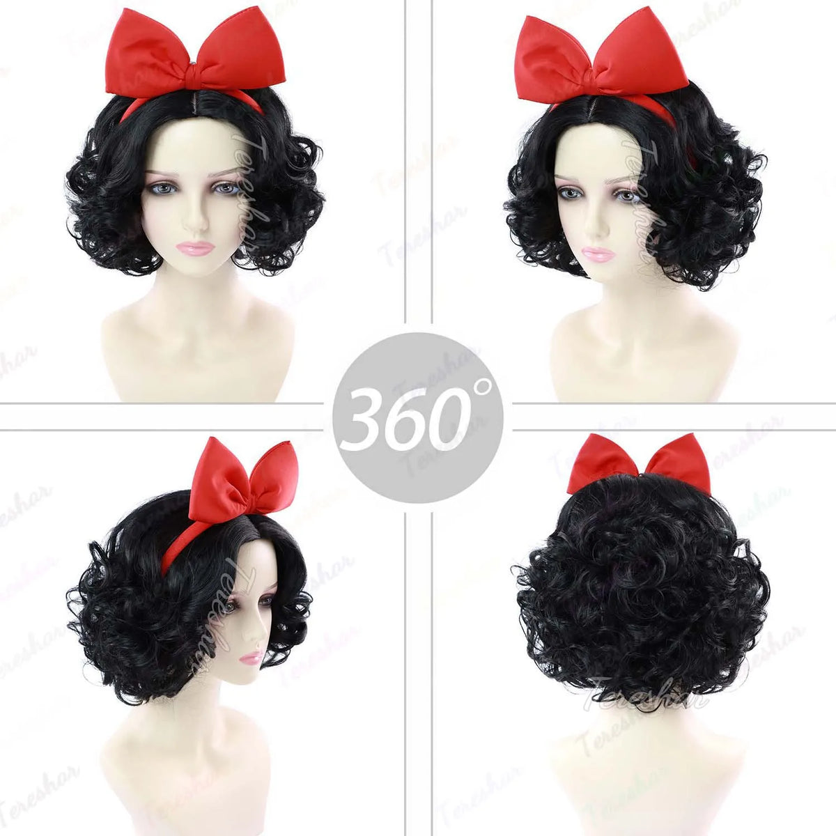 Short Curly Bob Wig with Red Bow Headband for Costume and Cosplay