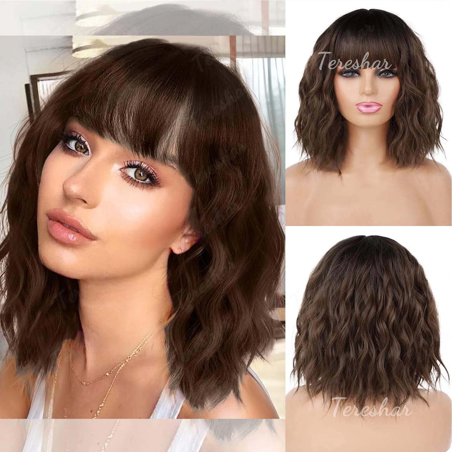 Short Wavy White Wig with Bangs for Cosplay and Daily Wear - 21