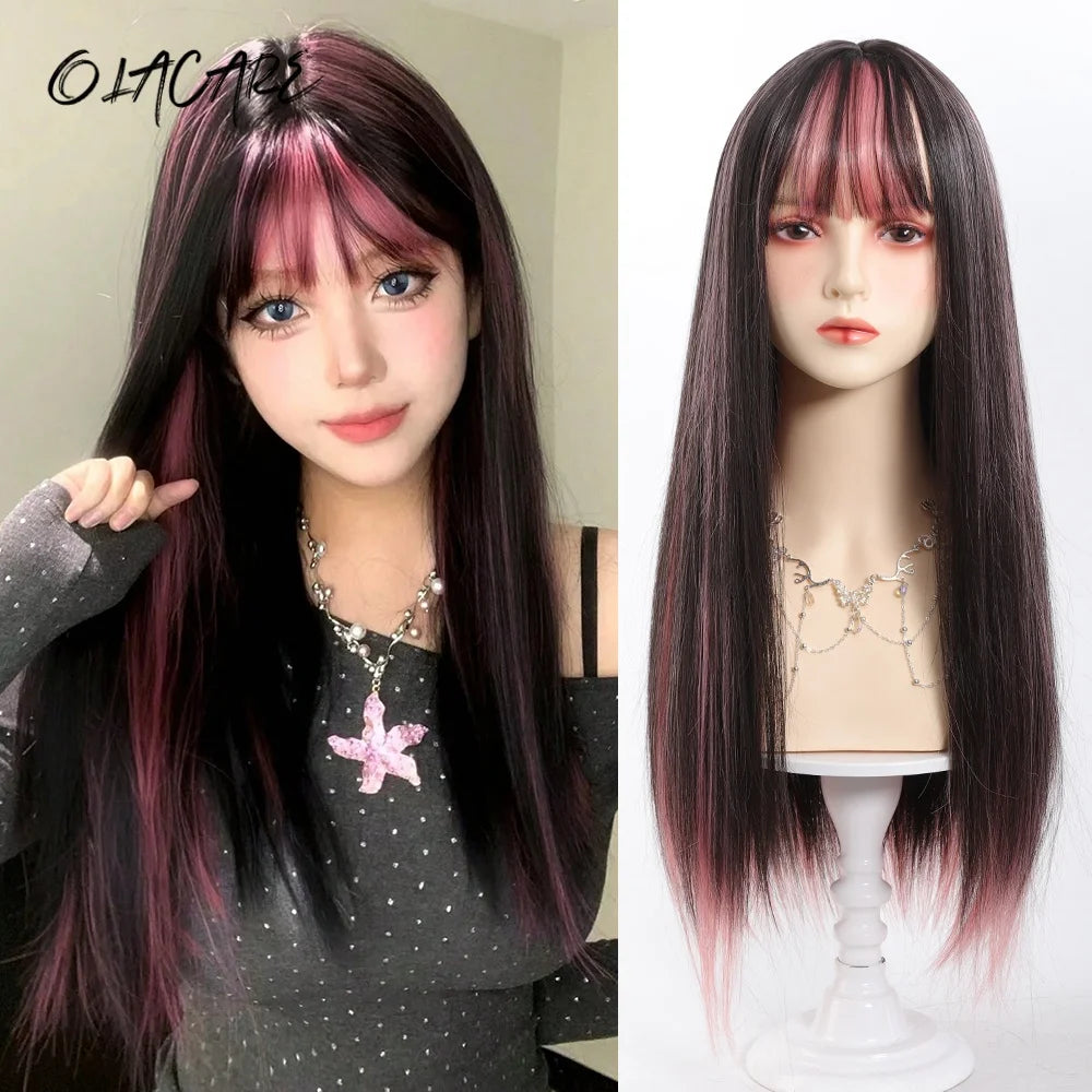 24 Inch Long Pink Cosplay Wig with Bangs - 30