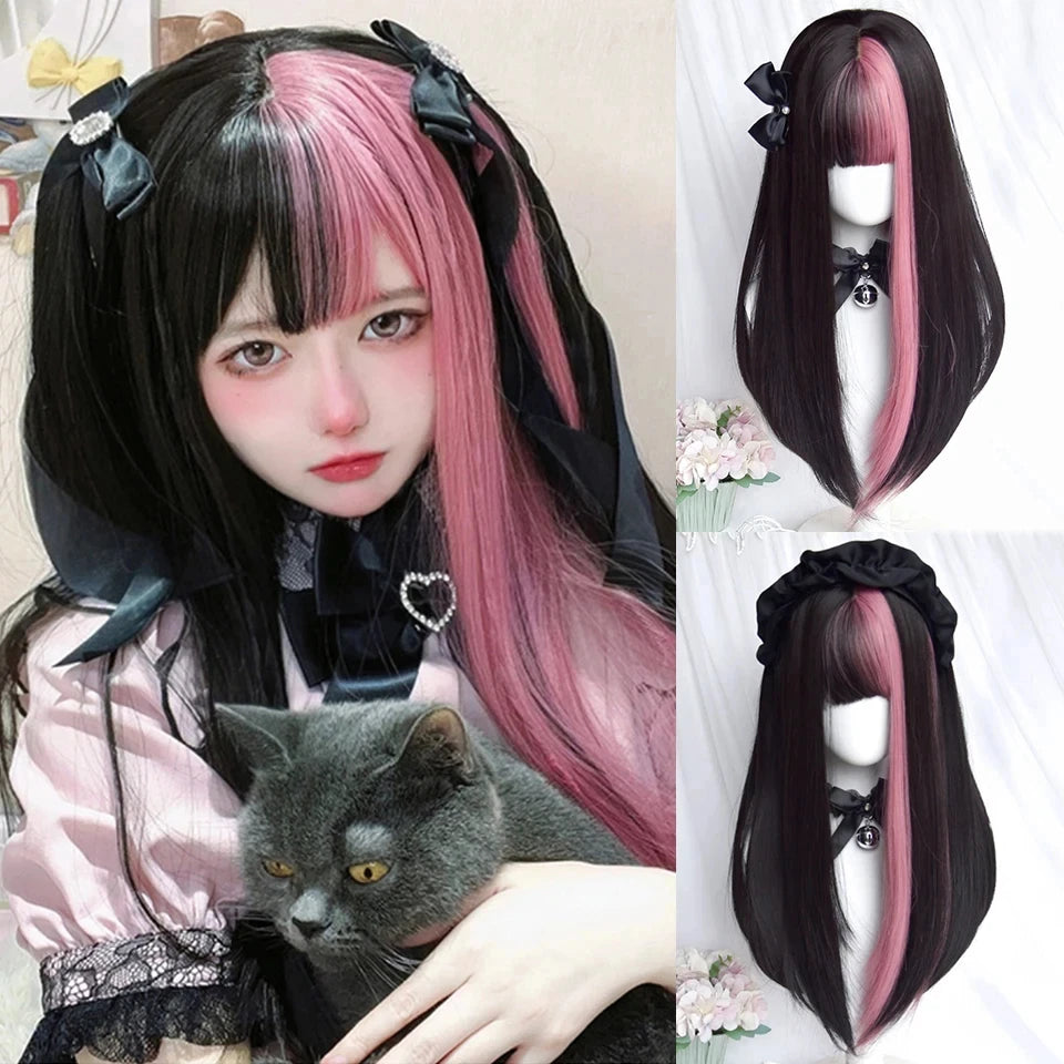 Long Wavy Ombre Blonde Pink Wig with Bangs