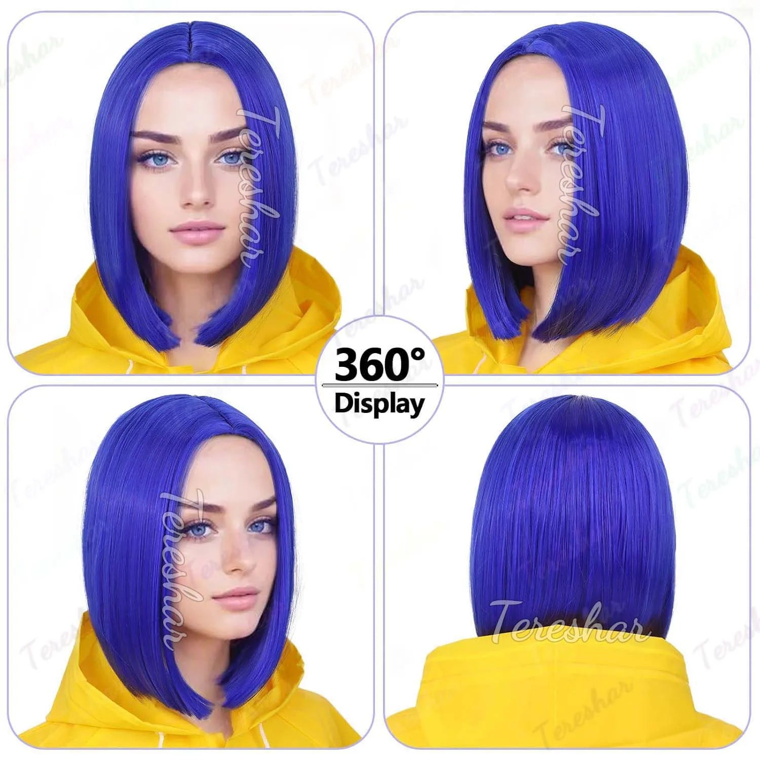 Short Blue Bob Wig with Hairpin and Necklace for Cosplay and Costume - 8
