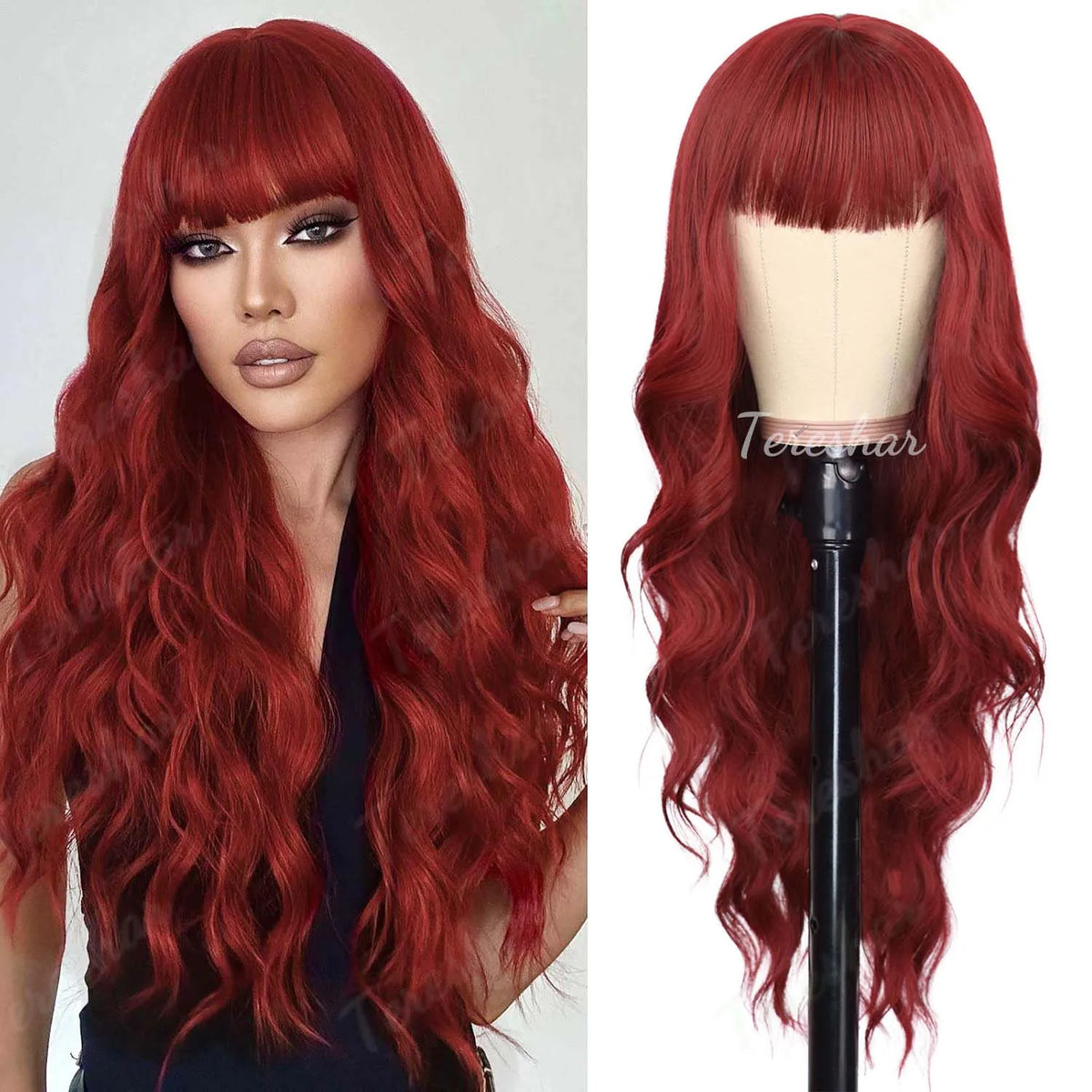 Long Wavy Orange Wig with Bangs for Cosplay and Daily Wear