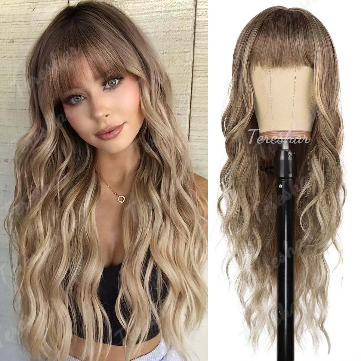 Long Wavy Orange Wig with Bangs for Cosplay and Daily Wear