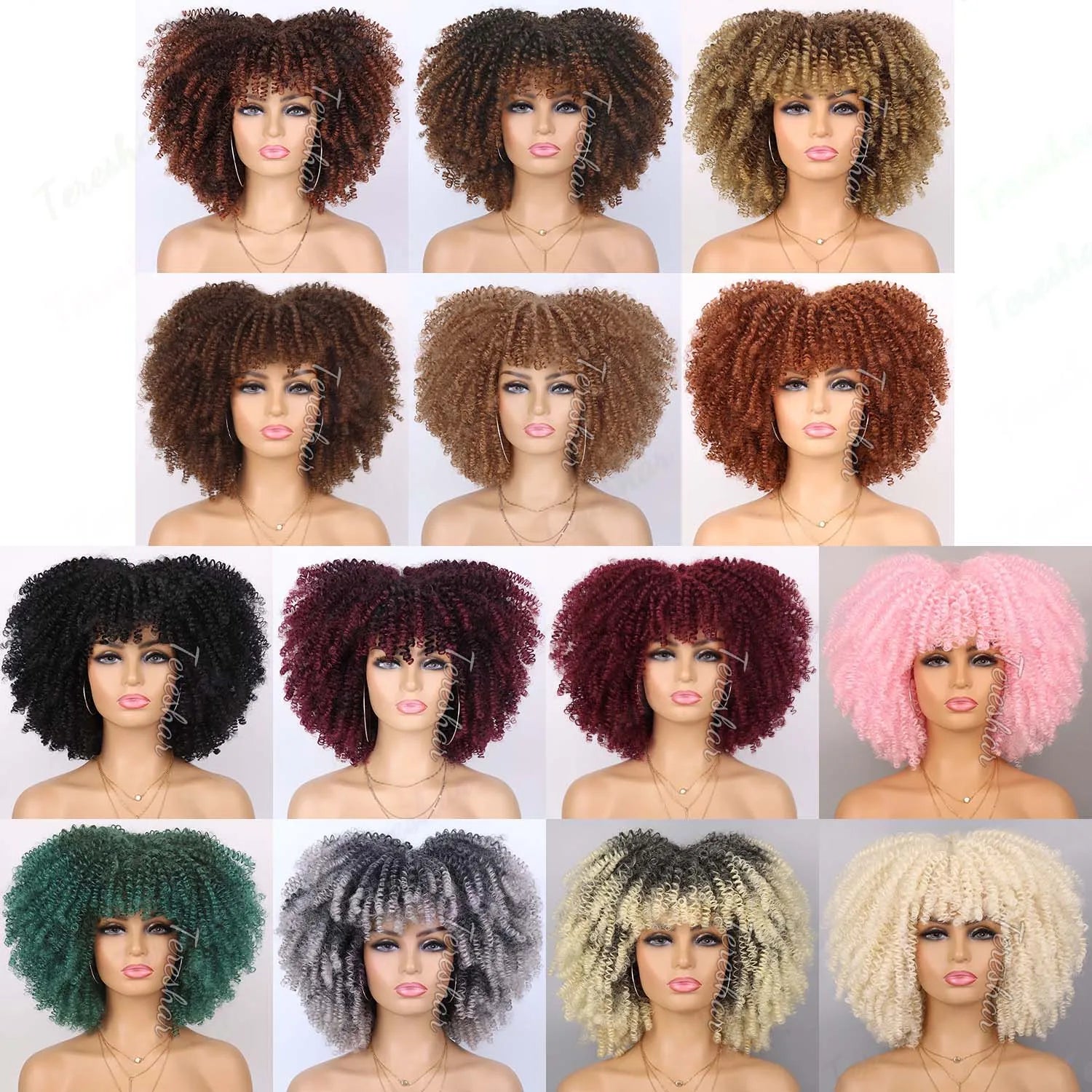 Short Curly Afro Wig with Bangs for Daily Wear - 8
