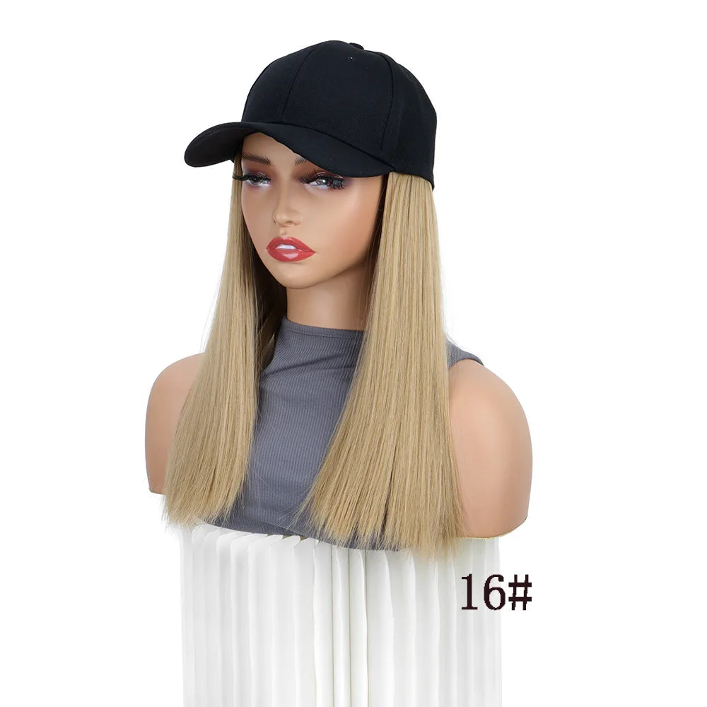 Adjustable Baseball Cap with Attached Long Straight Hair Extension - 15