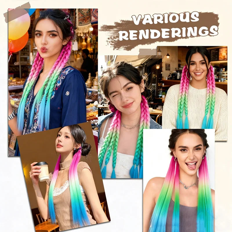 24-Inch Rainbow Gradient Braided Hair Extension for Parties