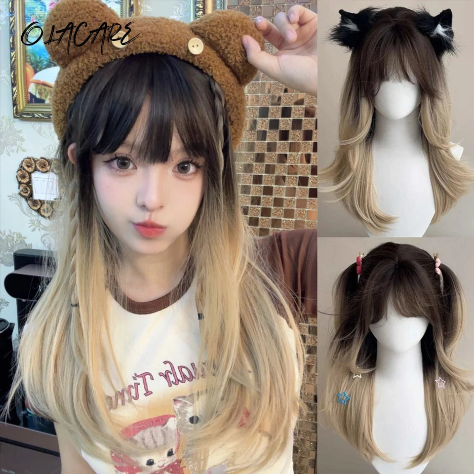Long Wavy Ginger Synthetic Wig with Bangs
