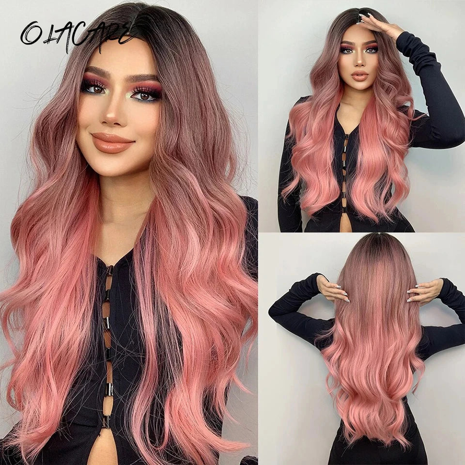 Long Wavy Ombre Blonde Pink Wig with Bangs - 3