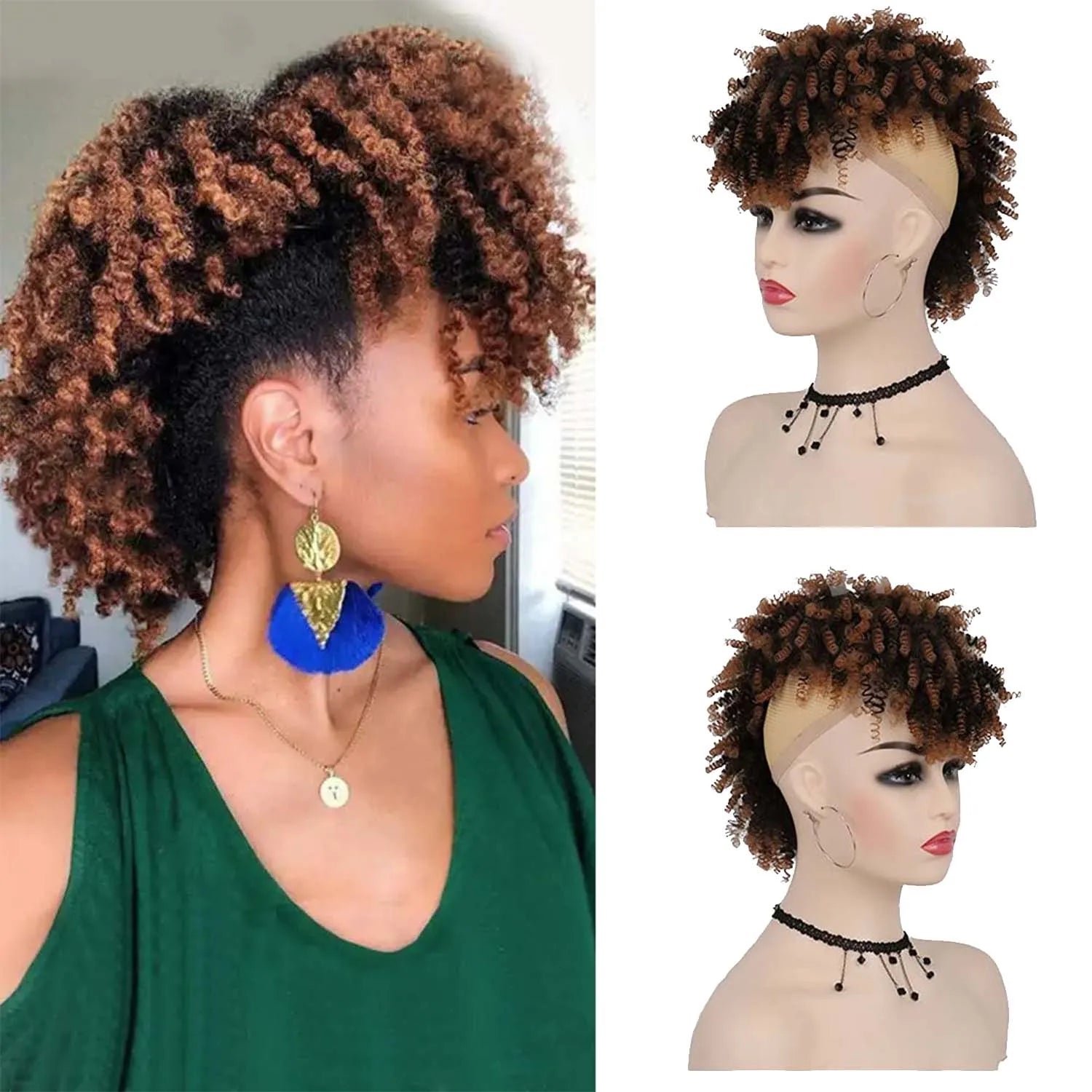 Short Afro Kinky Curly Synthetic Ponytail with Bangs for Daily Hair Styling - 14
