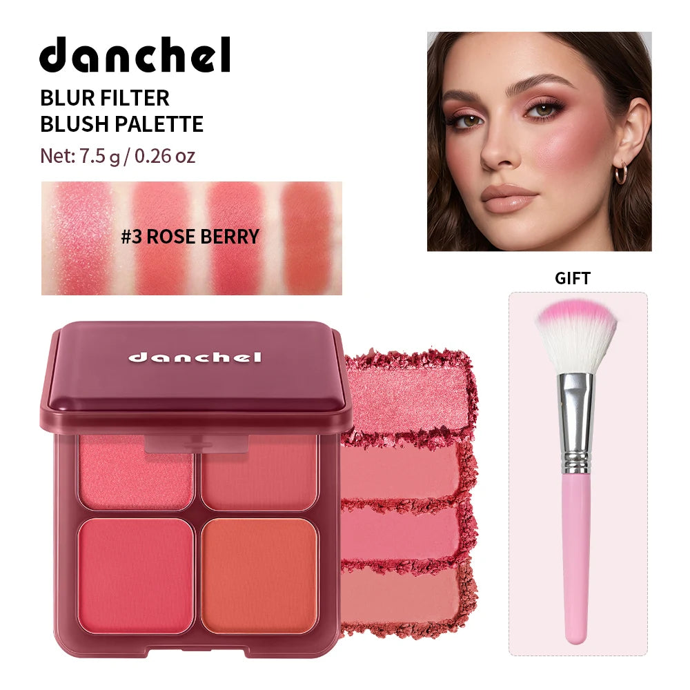 4-Color Matte Blush Palette with Professional Makeup Brush