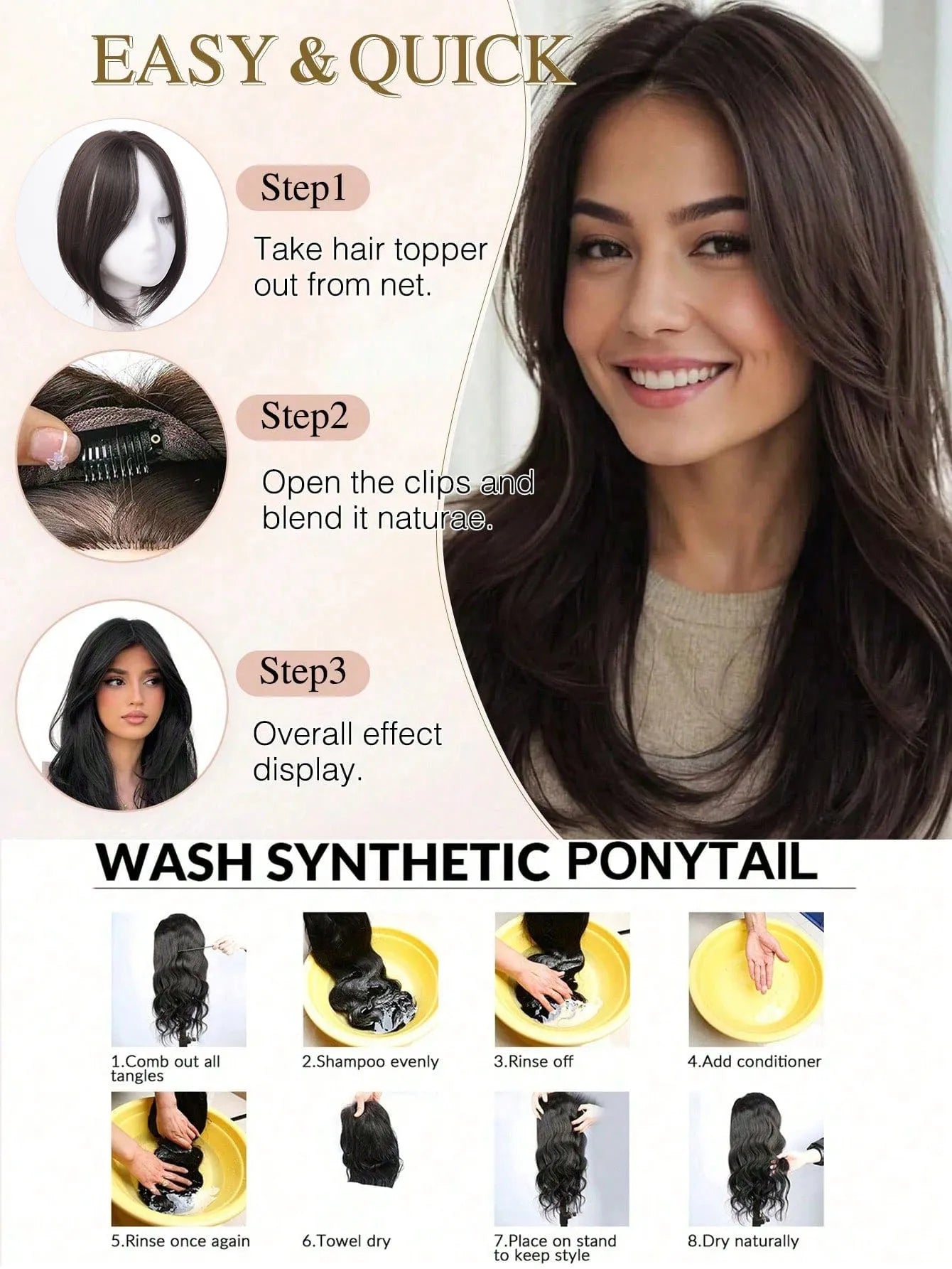 Clip-In Natural Middle Part Hair Bangs Topper for Volume and Style - 16