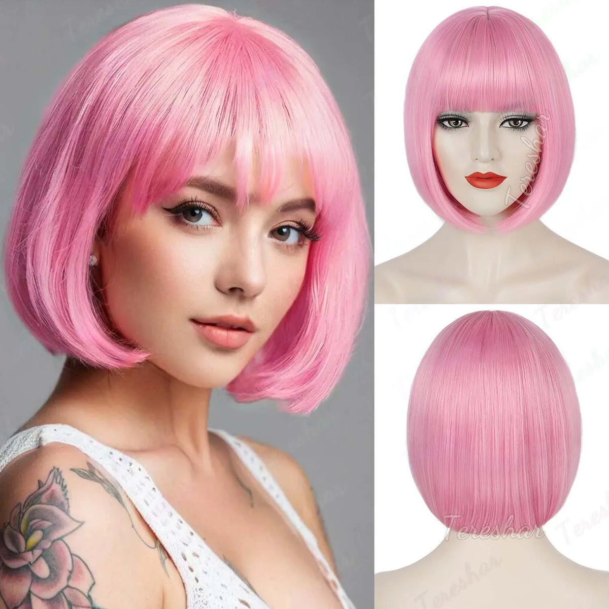 Short Straight Bob Synthetic Wig with Natural Bangs for Daily Wear