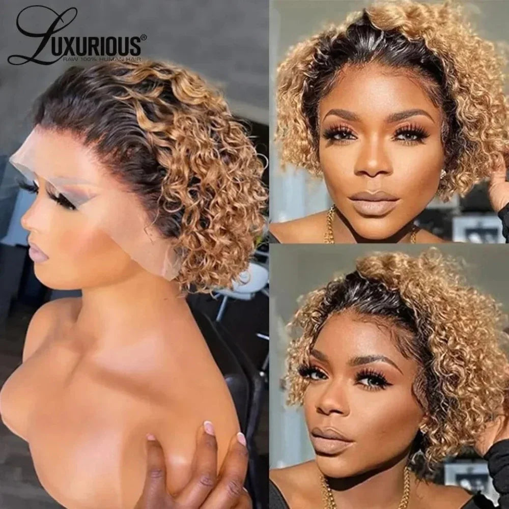 Short Curly Pixie Cut Human Hair Lace Front Wig - 24