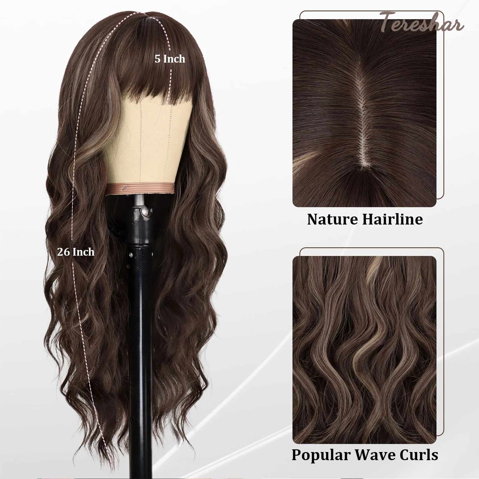 Long Wavy Synthetic Wig with Bangs for Daily Use and Parties - 3