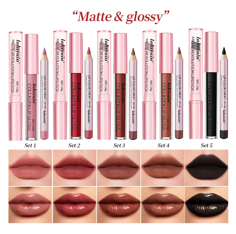 3-Piece Mini Lip Liner, Lipstick and Gloss Set for Perfect Pout - 8