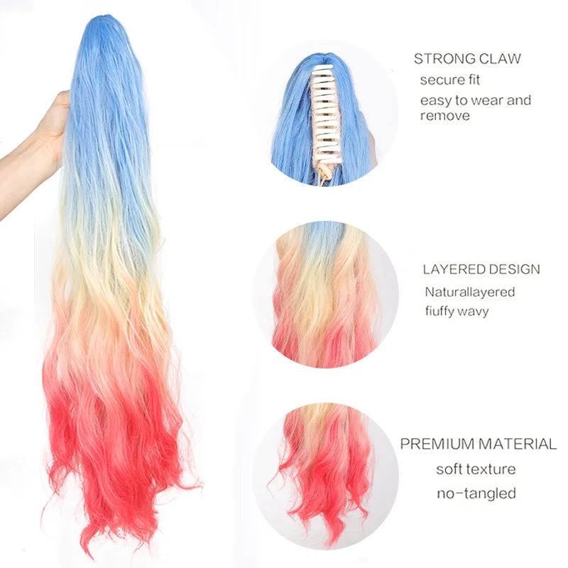 Rainbow Gradient Wavy Ponytail Hair Extension for Instant Volume