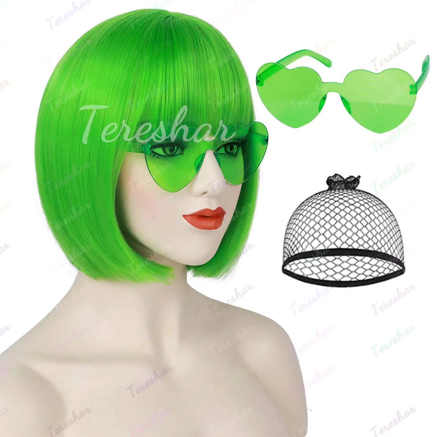 Short Straight Bob Wig with Heart Sunglasses for Parties and Cosplay - 17