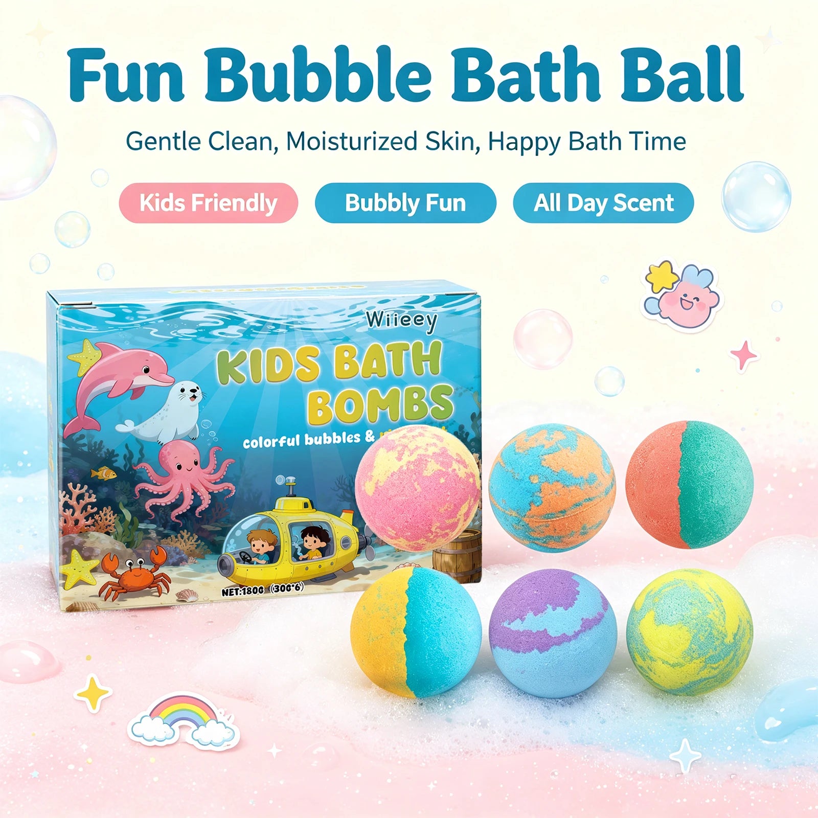 Moisturizing Fizzy Bath Bombs for Kids Gentle Skin Cleansing Gift Set - 6
