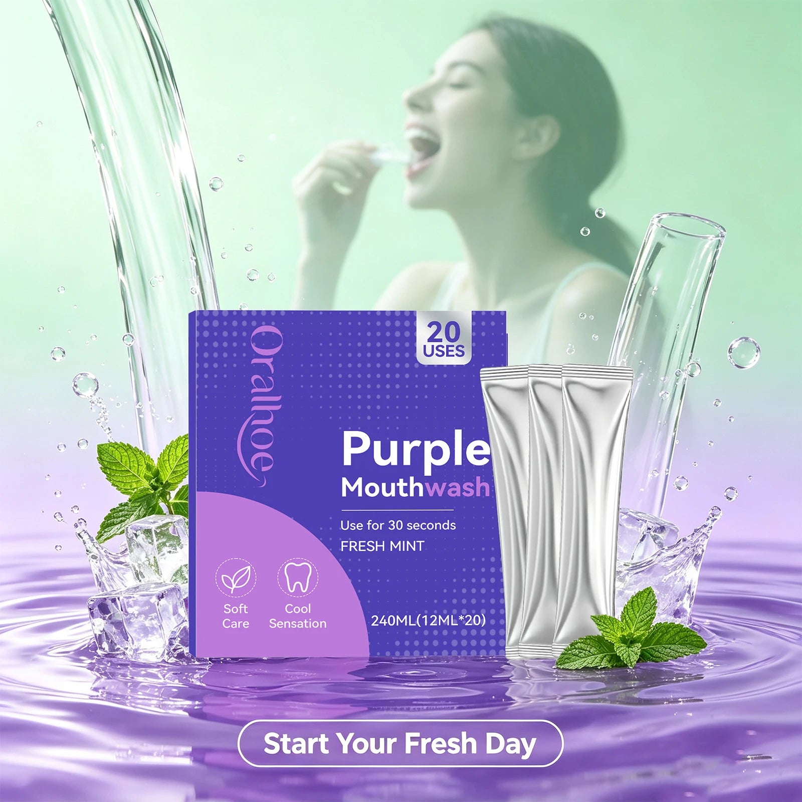 Portable Single-Use Purple Mouthwash Sachets for Fresh Breath On-the-Go - 1
