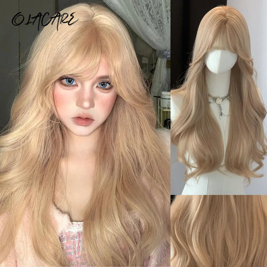 Long Wavy Ash Blonde Synthetic Wig with Bangs
