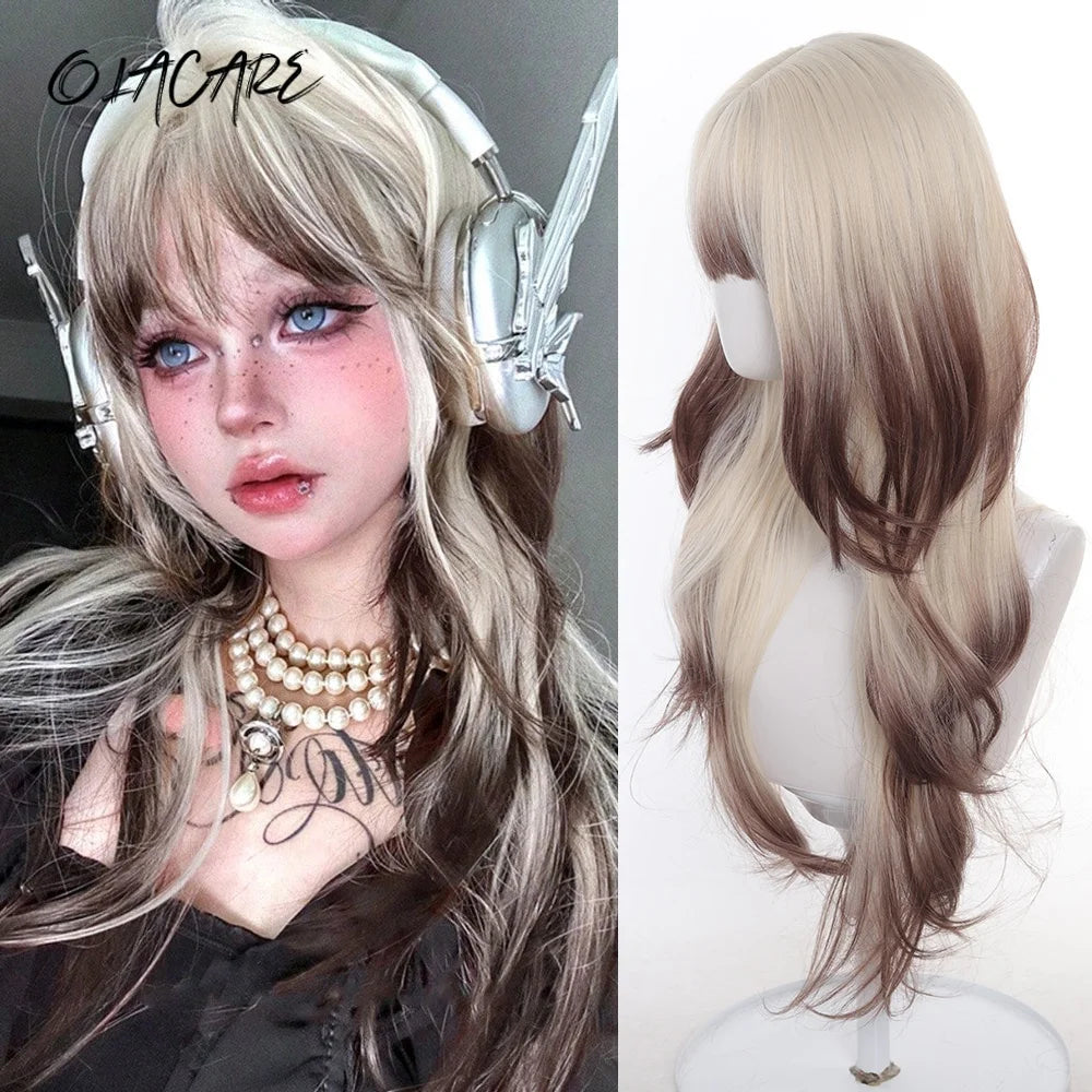 Long Ombre Blonde and Brown Synthetic Wig with Bangs for Daily Wear - 1
