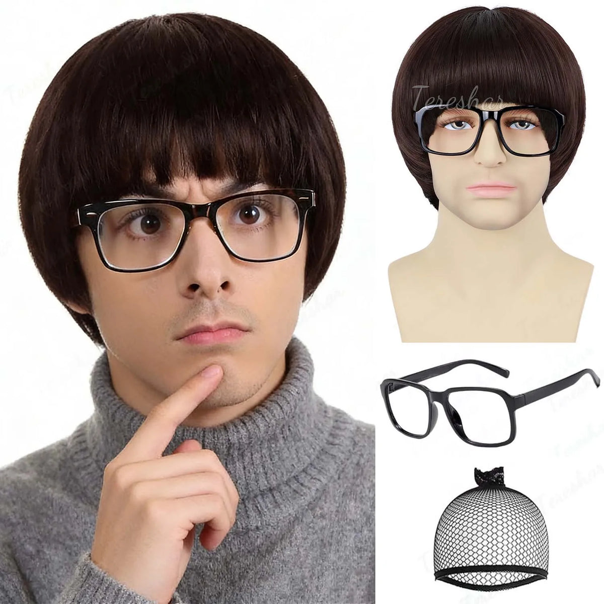 Short Retro Bowl Cut Cosplay Wig with Glasses for Costume Parties