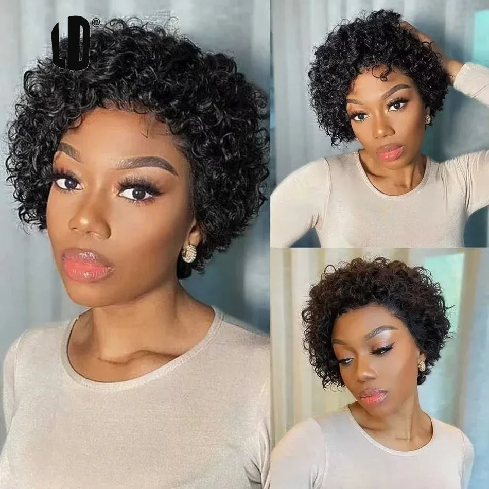 Short Curly Pixie Cut Human Hair Lace Front Wig - 1