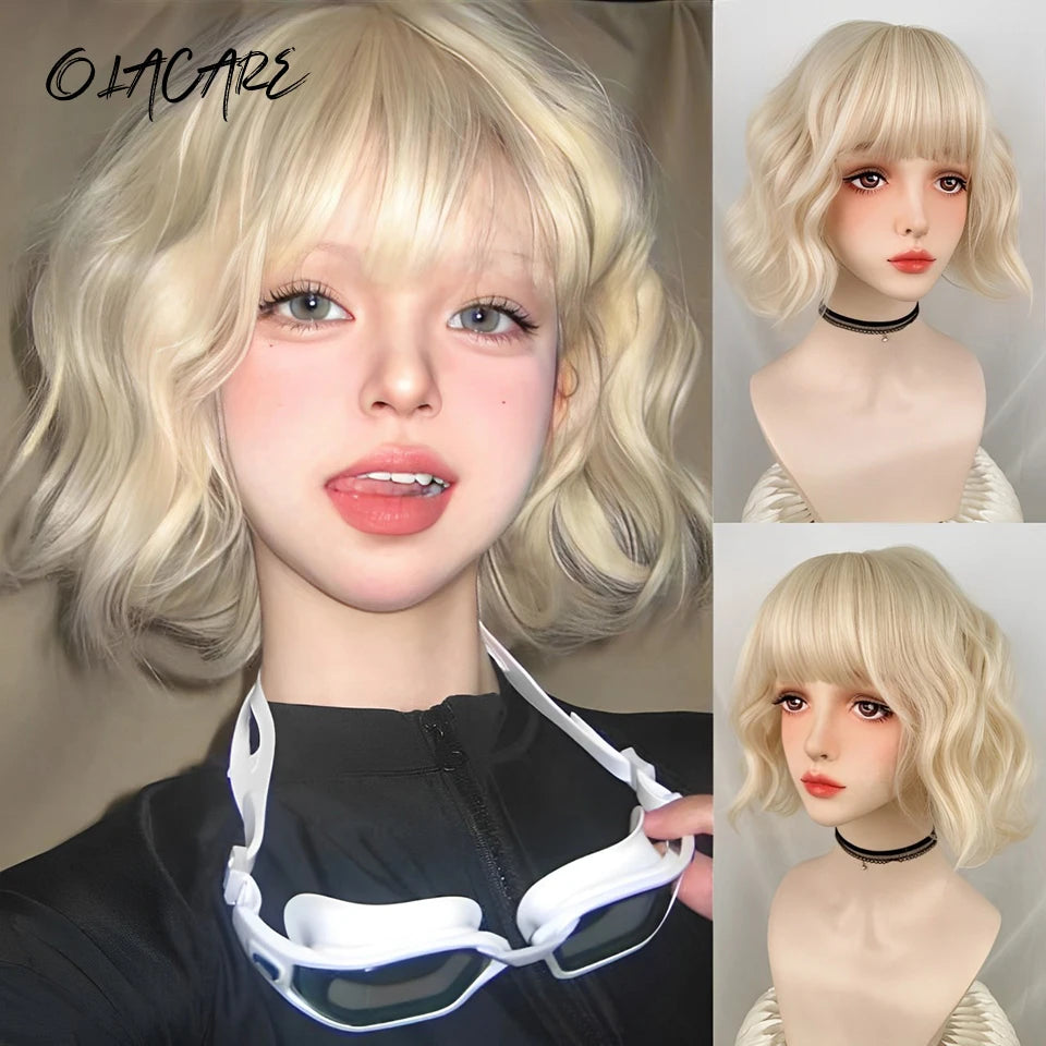 Short Curly Bob Wig with Bangs for Cosplay and Daily Wear - 30