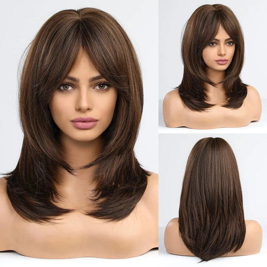 Long Layered Brown Wig with Bangs for Parties and Daily Wear