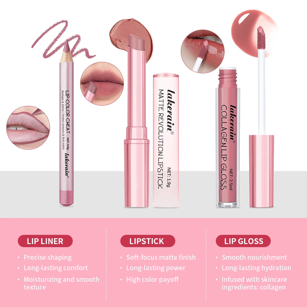 Professional 3-Piece Waterproof Matte Lipstick and Lip Gloss Makeup Set