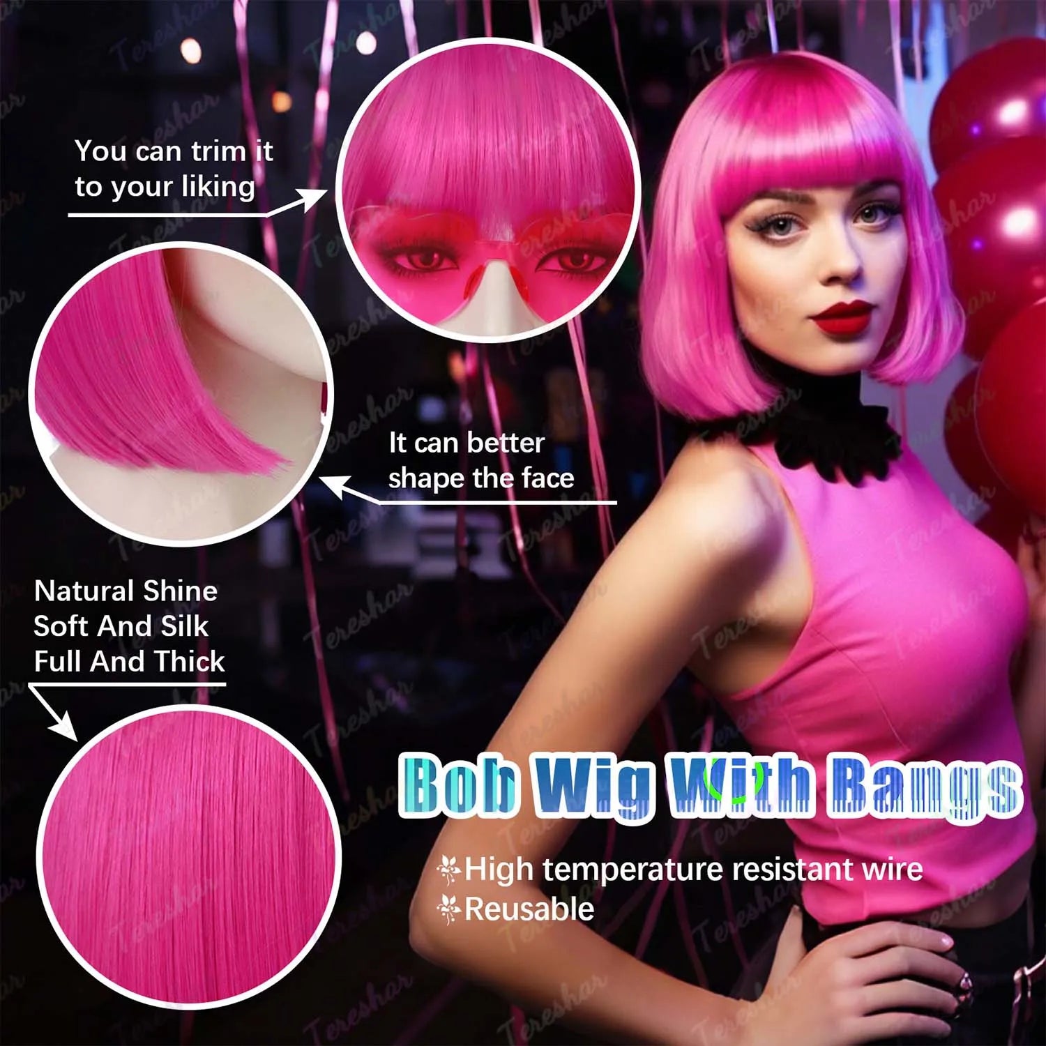 Short Straight Bob Wig with Heart Sunglasses for Parties and Cosplay - 4