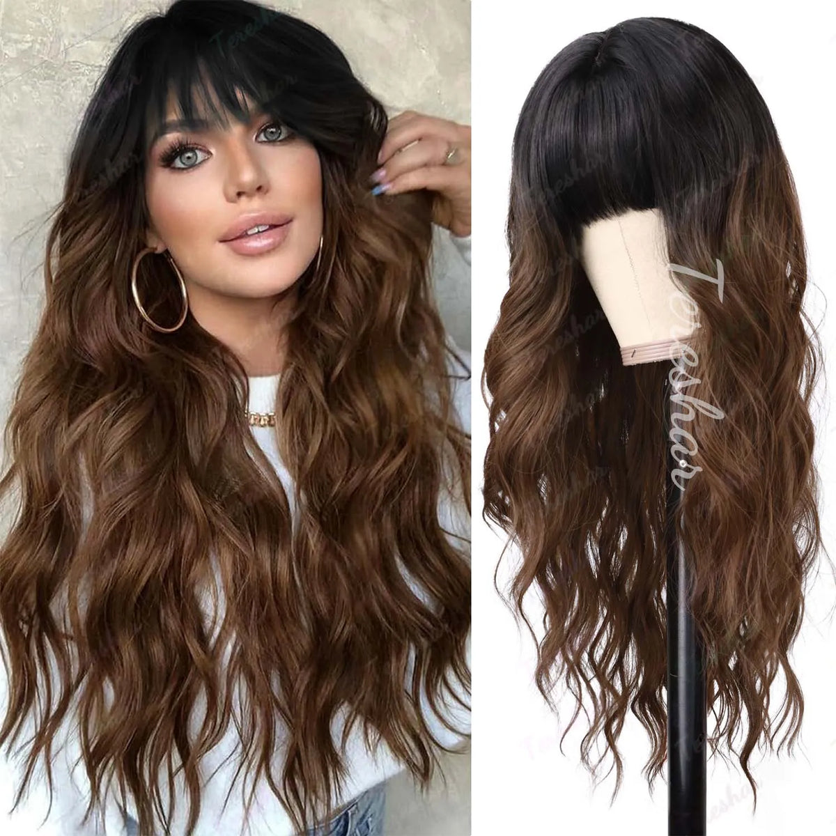 Long Wavy Orange Wig with Bangs for Cosplay and Daily Wear