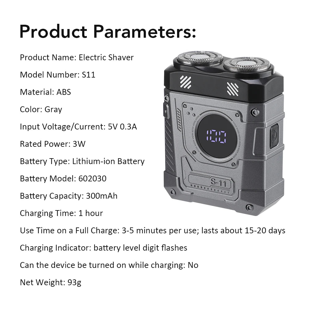 Portable Dual-Head Electric Shaver for Men with LED Battery Display