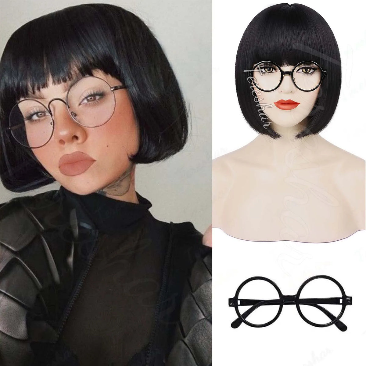 Short Black Bob Wig with Glasses for Costume and Cosplay