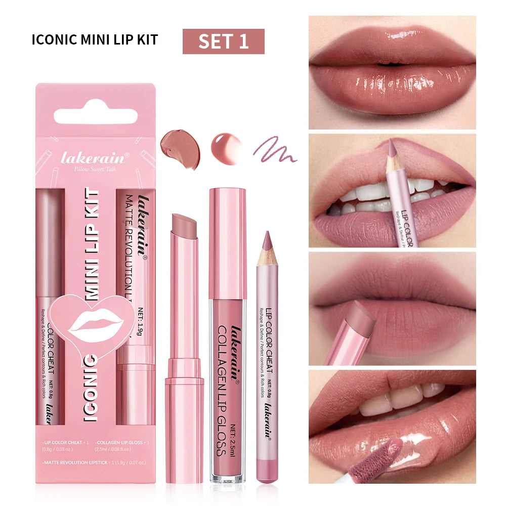 3-Piece Mini Lip Liner, Lipstick and Gloss Set for Perfect Pout - 20