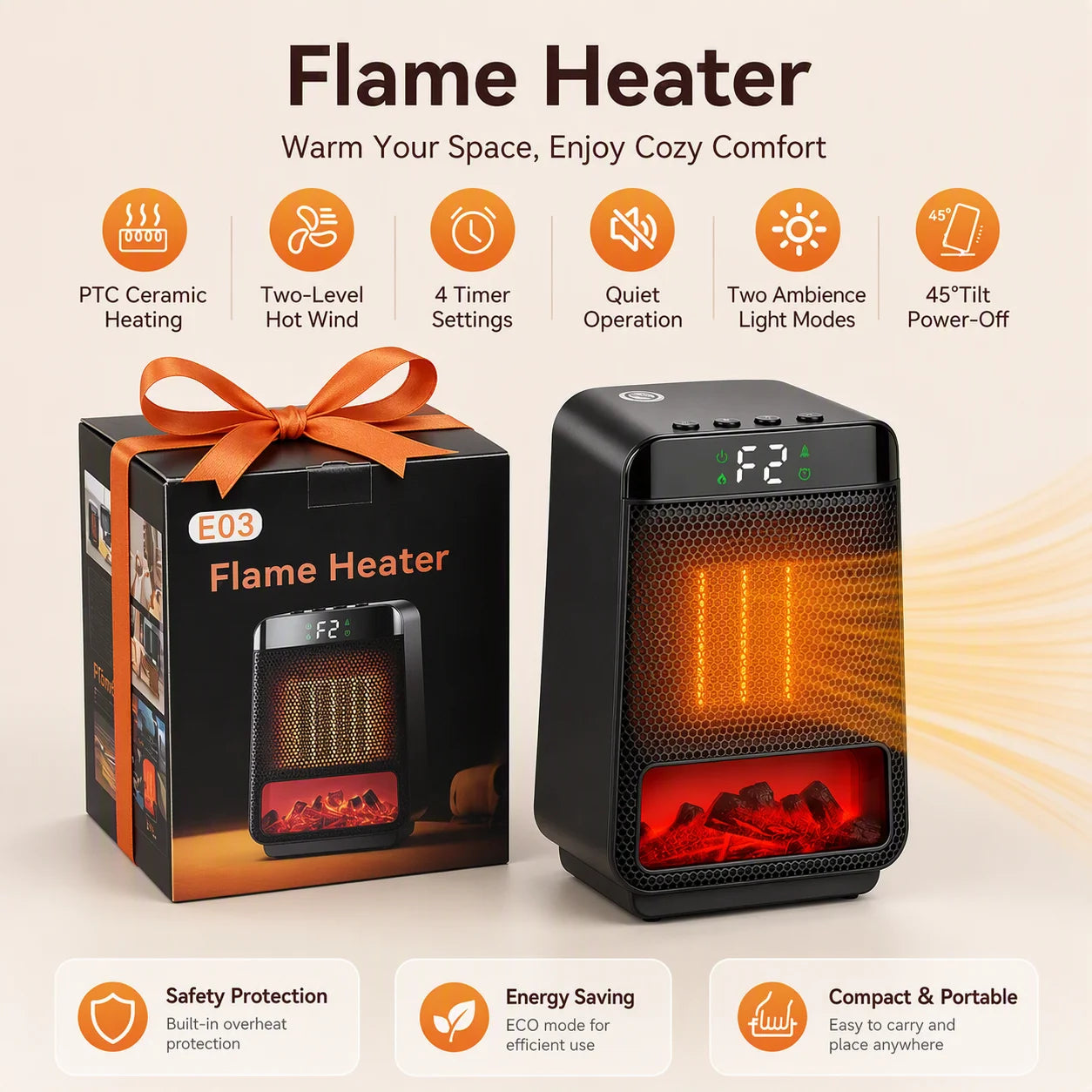 Portable Electric Space Heater with Ambient Flame Light and Timer - 1