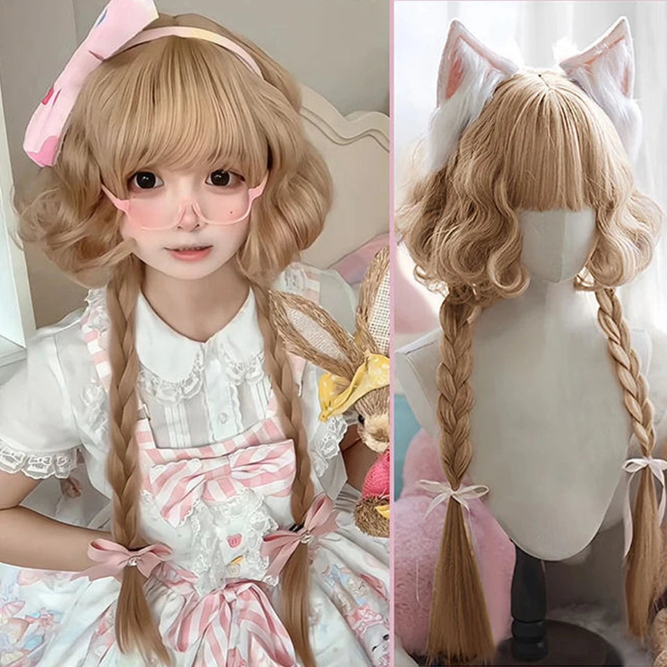 Wavy Brown Cosplay Wig with Curly Pigtails for Costume Parties