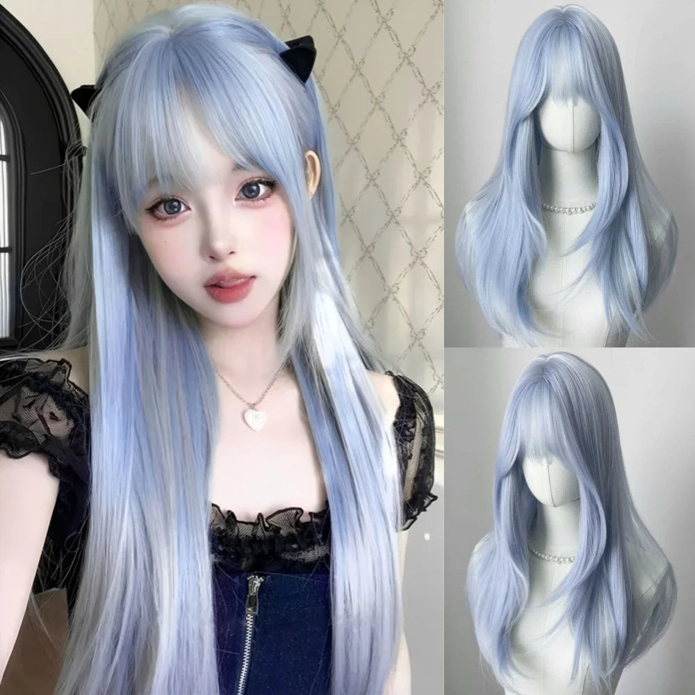 Long Straight Blue Synthetic Cosplay Wig for Halloween and Costume Parties